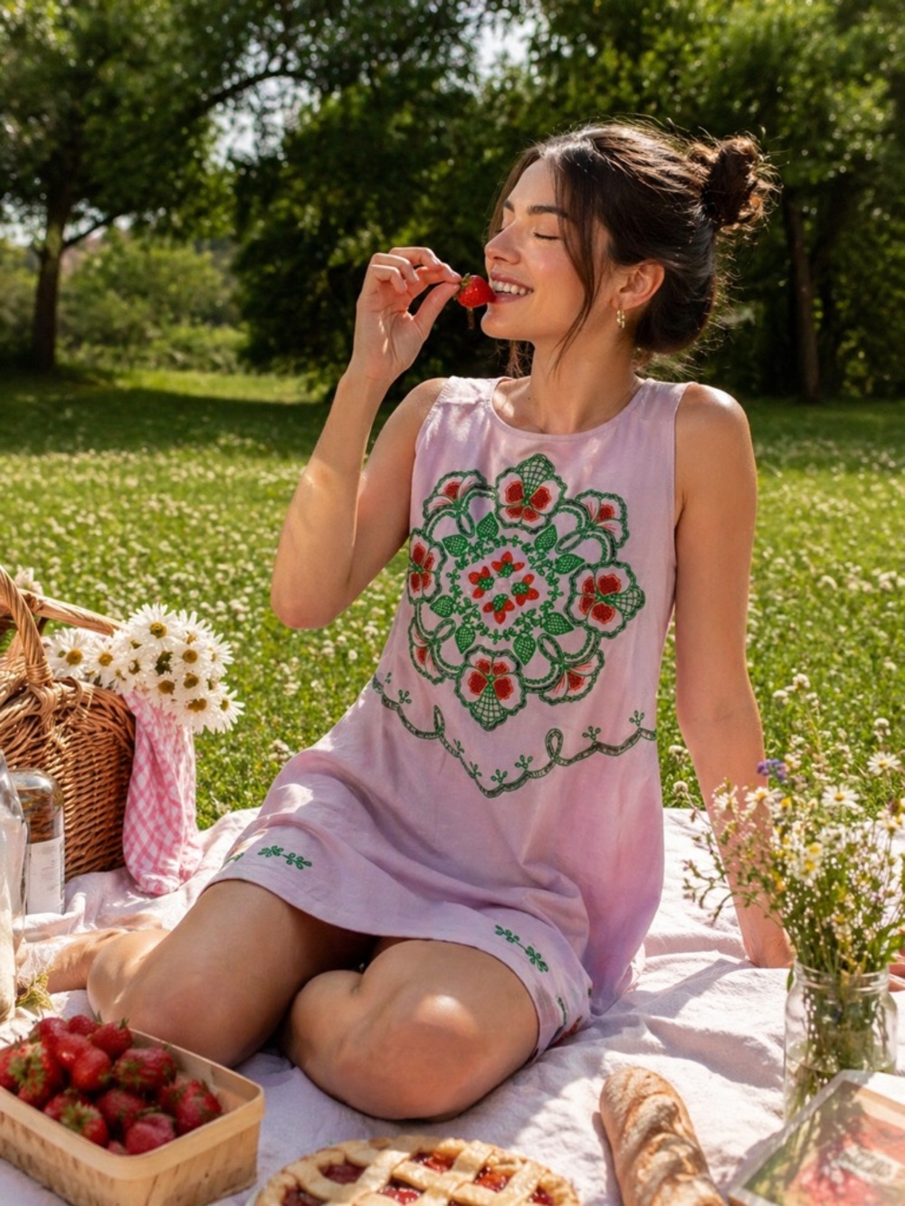 Free People Electric Garden Mini Lavender Dress Strawberry Embroidery Picnic S